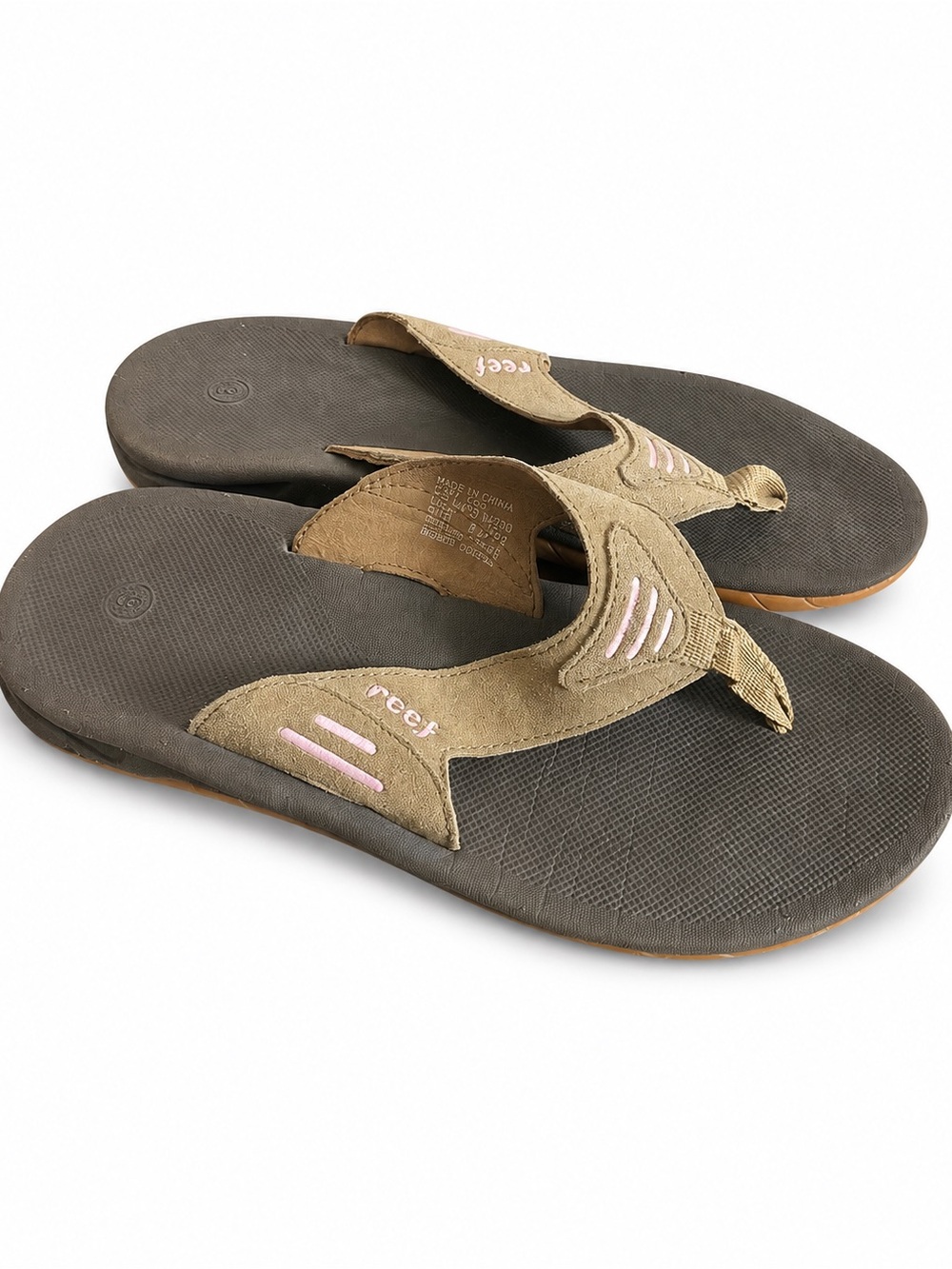 Reef woman’s tan Suede Flip Flop Sandals with Pink Accents